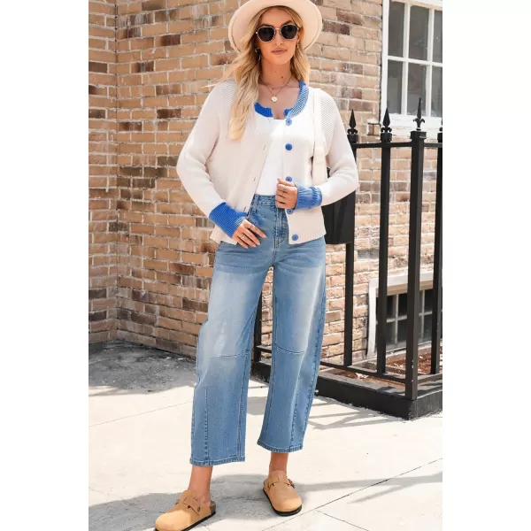 Sidefeel Womens 2024 Fall Long Sleeve Crewneck Cropped Cardigan Sweaters Contrast Button Down Knit Sweaters CoatCream