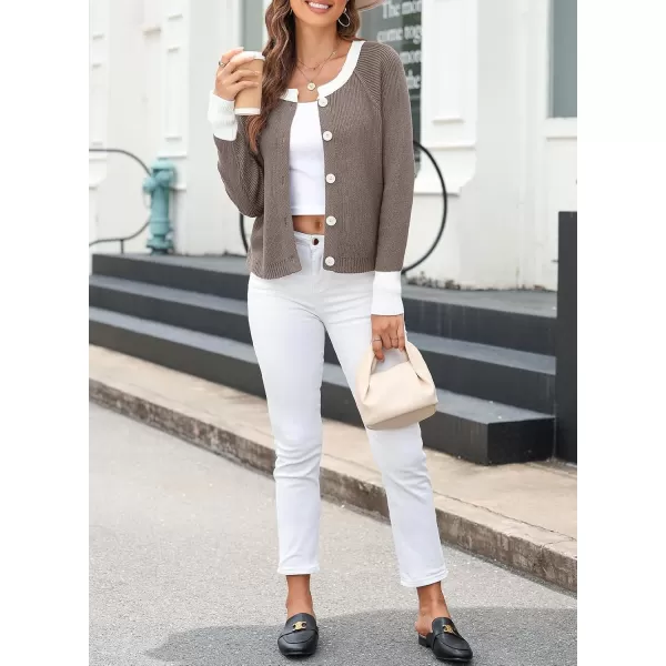 Sidefeel Womens 2024 Fall Long Sleeve Crewneck Cropped Cardigan Sweaters Contrast Button Down Knit Sweaters CoatKhaki