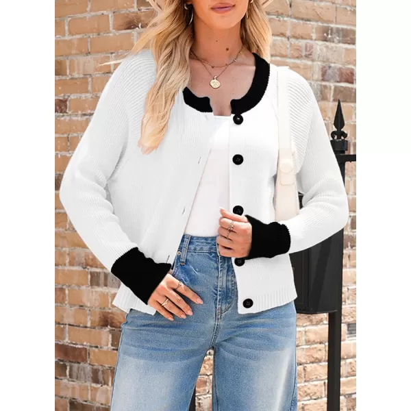 Sidefeel Womens 2024 Fall Long Sleeve Crewneck Cropped Cardigan Sweaters Contrast Button Down Knit Sweaters CoatWhite