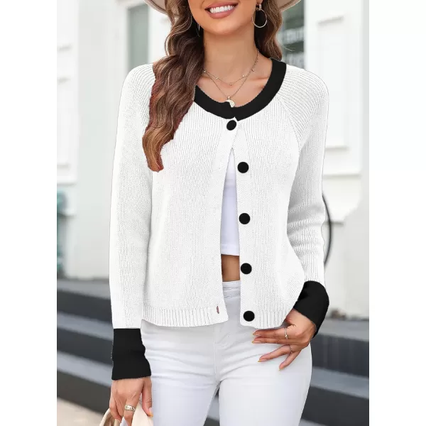 Sidefeel Womens 2024 Fall Long Sleeve Crewneck Cropped Cardigan Sweaters Contrast Button Down Knit Sweaters CoatWhite