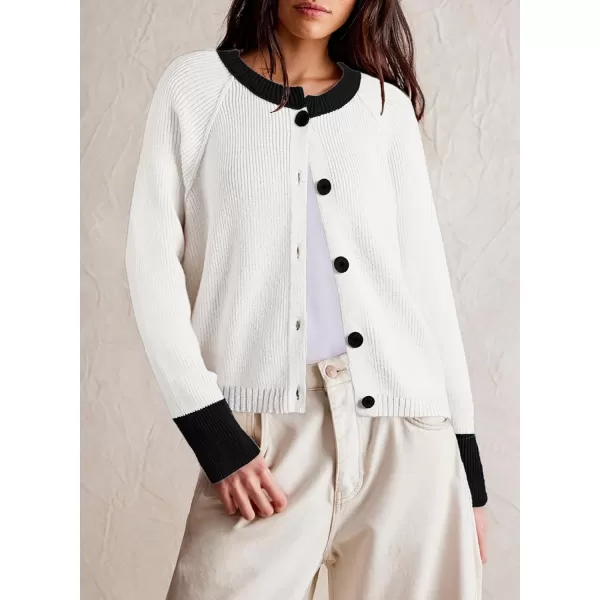Sidefeel Womens 2024 Fall Long Sleeve Crewneck Cropped Cardigan Sweaters Contrast Button Down Knit Sweaters CoatWhite