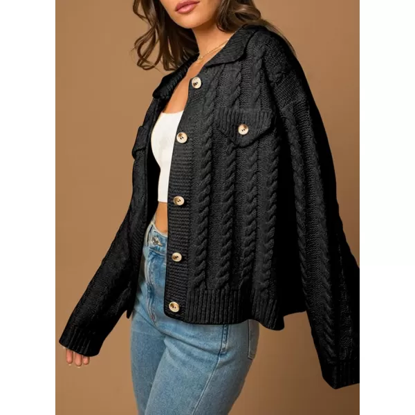 Sidefeel Womens 2024 Fall Long Sleeve Open Front Cardigan Sweaters Button Down Cable Knit Chunky Sweaters OutwearBlack