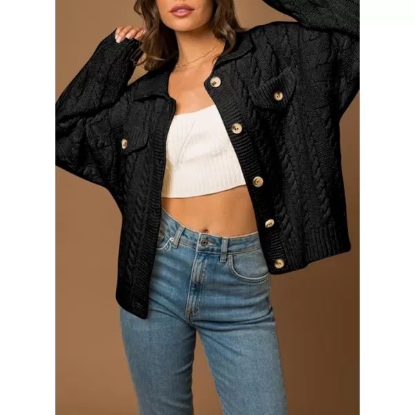Sidefeel Womens 2024 Fall Long Sleeve Open Front Cardigan Sweaters Button Down Cable Knit Chunky Sweaters OutwearBlack