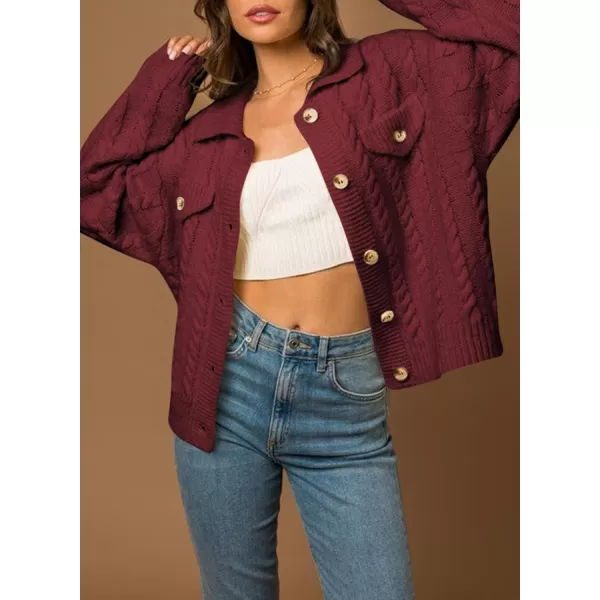 Sidefeel Womens 2024 Fall Long Sleeve Open Front Cardigan Sweaters Button Down Cable Knit Chunky Sweaters OutwearBurgundy