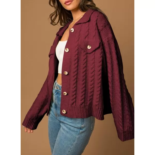 Sidefeel Womens 2024 Fall Long Sleeve Open Front Cardigan Sweaters Button Down Cable Knit Chunky Sweaters OutwearBurgundy