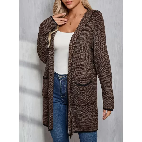 Sidefeel Womens 2024 Fall Long Sleeve Open Front Contrast Cardigan Sweaters Oversized Chunky Knit Hooded Sweaters CoatBrown