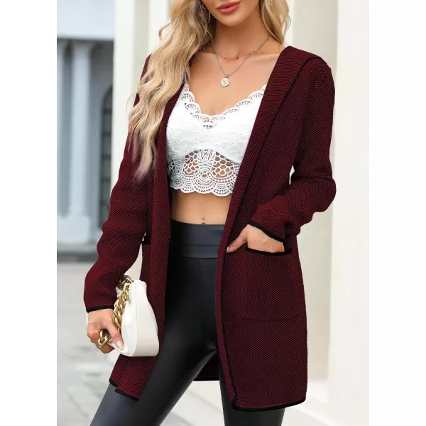 Sidefeel Womens 2024 Fall Long Sleeve Open Front Contrast Cardigan Sweaters Oversized Chunky Knit Hooded Sweaters CoatBurgundy