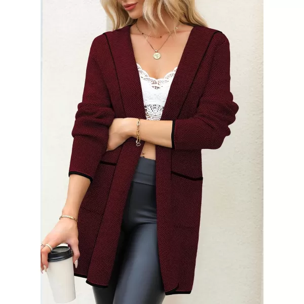 Sidefeel Womens 2024 Fall Long Sleeve Open Front Contrast Cardigan Sweaters Oversized Chunky Knit Hooded Sweaters CoatBurgundy