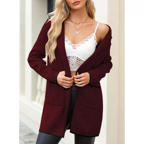 Sidefeel Womens 2024 Fall Long Sleeve Open Front Contrast Cardigan Sweaters Oversized Chunky Knit Hooded Sweaters CoatBurgundy