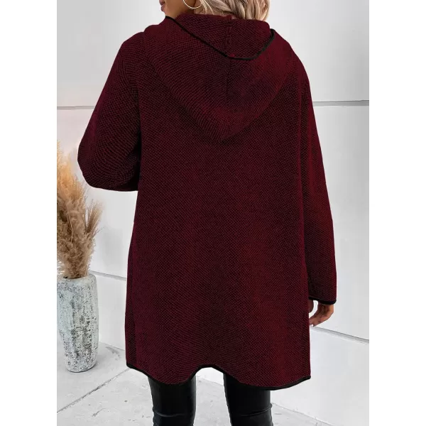 Sidefeel Womens 2024 Fall Long Sleeve Open Front Contrast Cardigan Sweaters Oversized Chunky Knit Hooded Sweaters CoatBurgundy