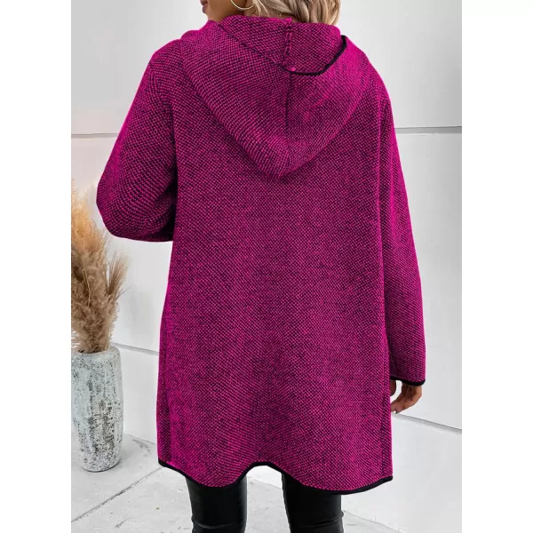 Sidefeel Womens 2024 Fall Long Sleeve Open Front Contrast Cardigan Sweaters Oversized Chunky Knit Hooded Sweaters CoatHot Pink