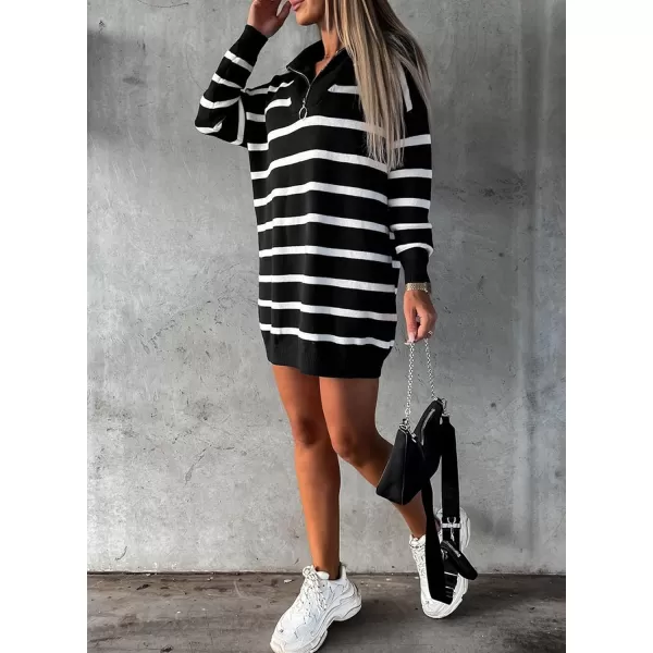 Sidefeel Womens 2024 Fall Sweater Dress Long Sleeve V Neck Striped Knit Bodycon Winter DressesBlack