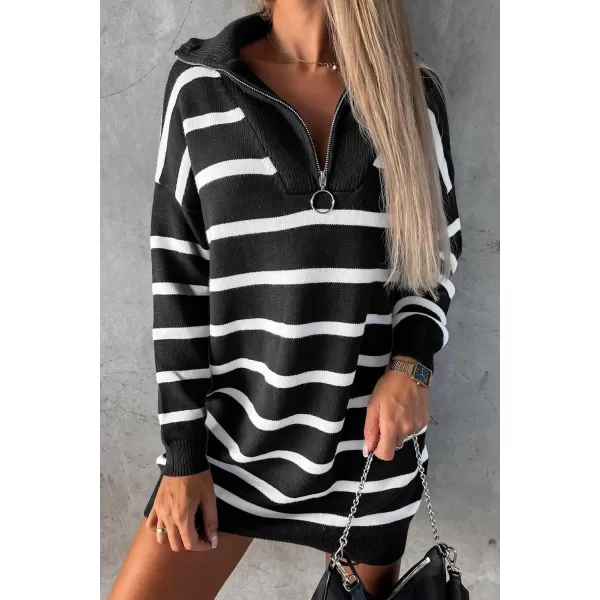 Sidefeel Womens 2024 Fall Sweater Dress Long Sleeve V Neck Striped Knit Bodycon Winter DressesBlack