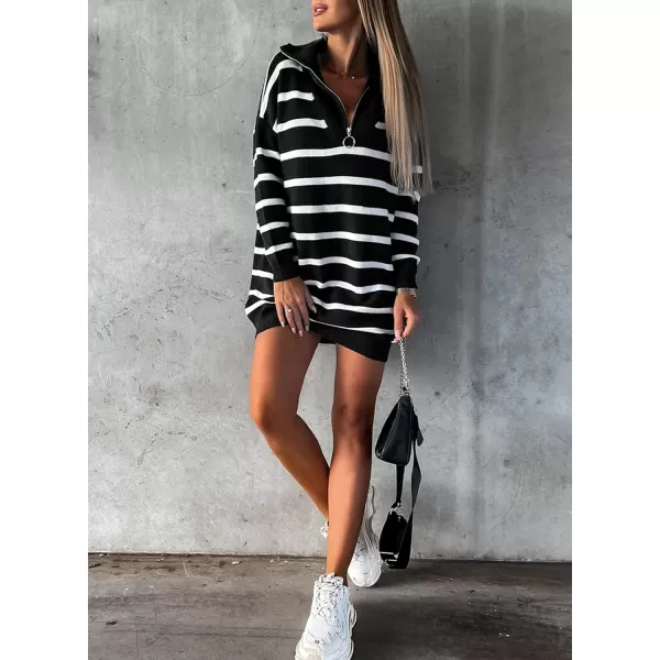 Sidefeel Womens 2024 Fall Sweater Dress Long Sleeve V Neck Striped Knit Bodycon Winter DressesBlack