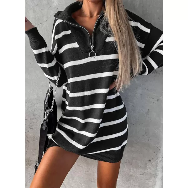 Sidefeel Womens 2024 Fall Sweater Dress Long Sleeve V Neck Striped Knit Bodycon Winter DressesBlack