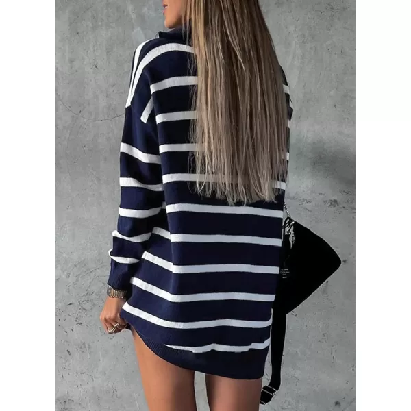 Sidefeel Womens 2024 Fall Sweater Dress Long Sleeve V Neck Striped Knit Bodycon Winter DressesBlue