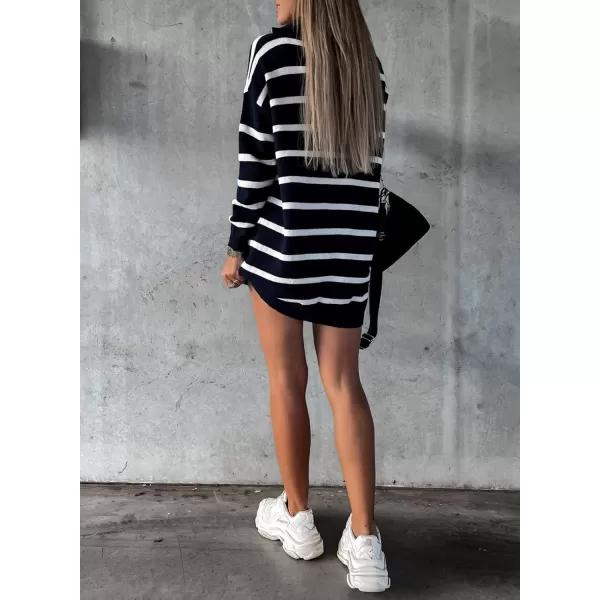 Sidefeel Womens 2024 Fall Sweater Dress Long Sleeve V Neck Striped Knit Bodycon Winter DressesBlue