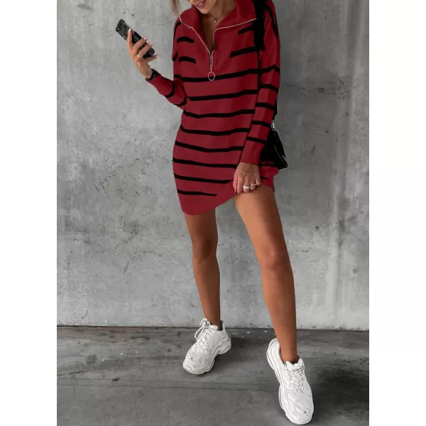 Sidefeel Womens 2024 Fall Sweater Dress Long Sleeve V Neck Striped Knit Bodycon Winter DressesRed