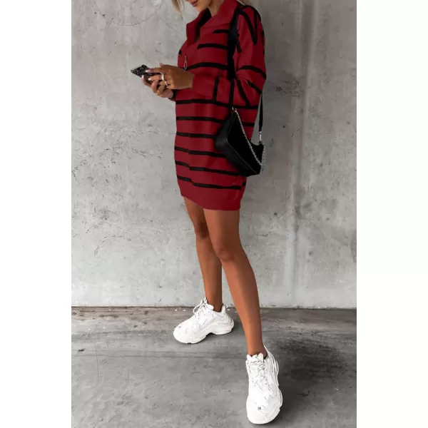 Sidefeel Womens 2024 Fall Sweater Dress Long Sleeve V Neck Striped Knit Bodycon Winter DressesRed