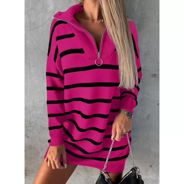 Sidefeel Womens 2024 Fall Sweater Dress Long Sleeve V Neck Striped Knit Bodycon Winter DressesRose Red