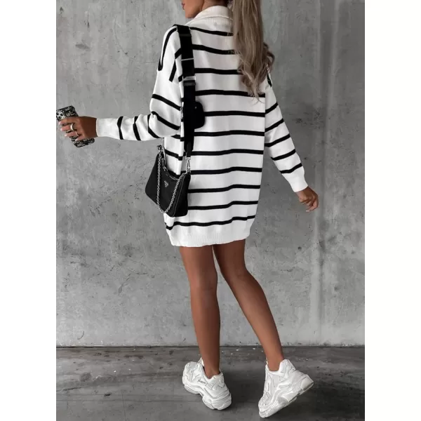 Sidefeel Womens 2024 Fall Sweater Dress Long Sleeve V Neck Striped Knit Bodycon Winter DressesWhite