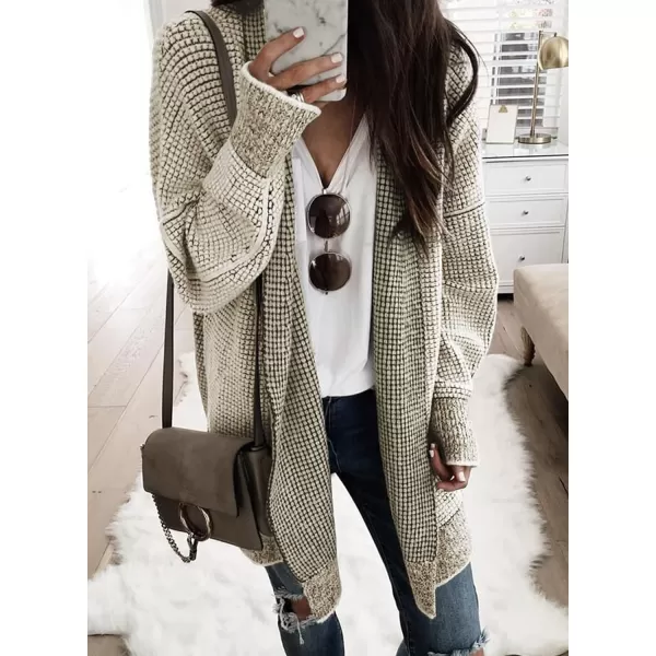 Sidefeel Womens 2024 Fall Winter Long Sleeve Open Front Cardigan Sweaters Oversized Checkered Chunky Knit Sweaters CoatApricot