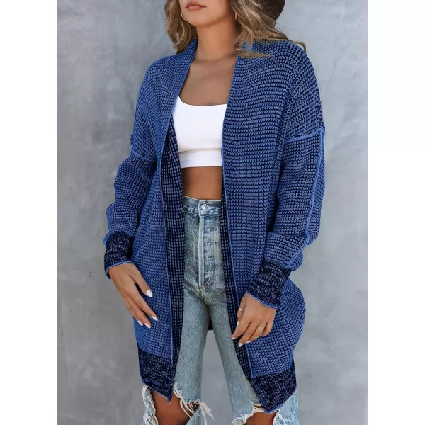 Sidefeel Womens 2024 Fall Winter Long Sleeve Open Front Cardigan Sweaters Oversized Checkered Chunky Knit Sweaters CoatDeep Blue