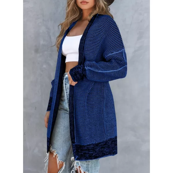 Sidefeel Womens 2024 Fall Winter Long Sleeve Open Front Cardigan Sweaters Oversized Checkered Chunky Knit Sweaters CoatDeep Blue