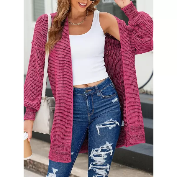 Sidefeel Womens 2024 Fall Winter Long Sleeve Open Front Cardigan Sweaters Oversized Checkered Chunky Knit Sweaters CoatHot Pink