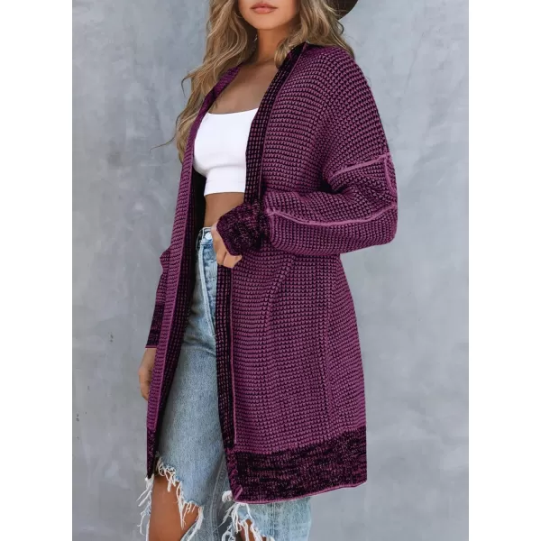 Sidefeel Womens 2024 Fall Winter Long Sleeve Open Front Cardigan Sweaters Oversized Checkered Chunky Knit Sweaters CoatPurple