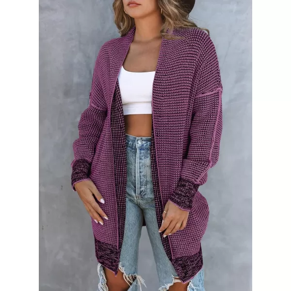 Sidefeel Womens 2024 Fall Winter Long Sleeve Open Front Cardigan Sweaters Oversized Checkered Chunky Knit Sweaters CoatPurple