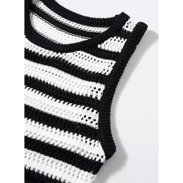Sidefeel Womens 2024 Summer Sexy Hollow Out Crochet Dresses Casual Striped Crewneck Sleeveless Sundress Bodycon Mini DressBlack Stripe