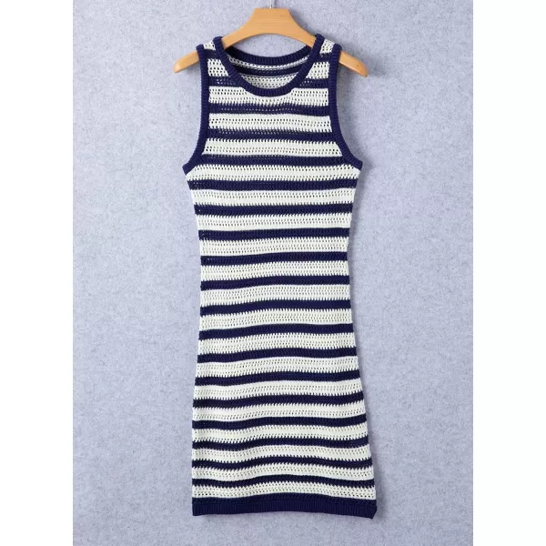 Sidefeel Womens 2024 Summer Sexy Hollow Out Crochet Dresses Casual Striped Crewneck Sleeveless Sundress Bodycon Mini DressBlue Stripe