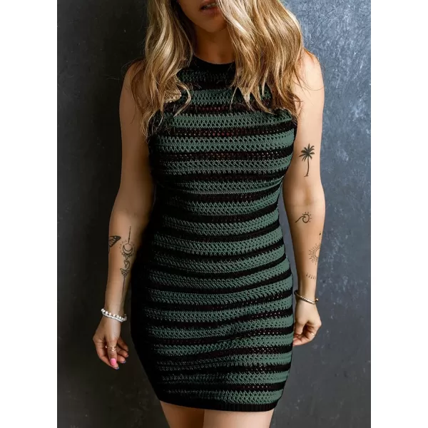 Sidefeel Womens 2024 Summer Sexy Hollow Out Crochet Dresses Casual Striped Crewneck Sleeveless Sundress Bodycon Mini DressGreen Stripe