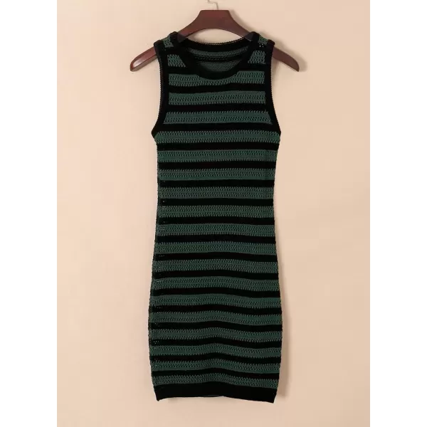 Sidefeel Womens 2024 Summer Sexy Hollow Out Crochet Dresses Casual Striped Crewneck Sleeveless Sundress Bodycon Mini DressGreen Stripe