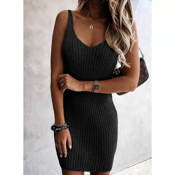 Sidefeel Womens 2024 Summer V Neck Sleeveless Sundress Casual Ribbed Knit Tank Dress Sexy Bodycon Mini DressBlack