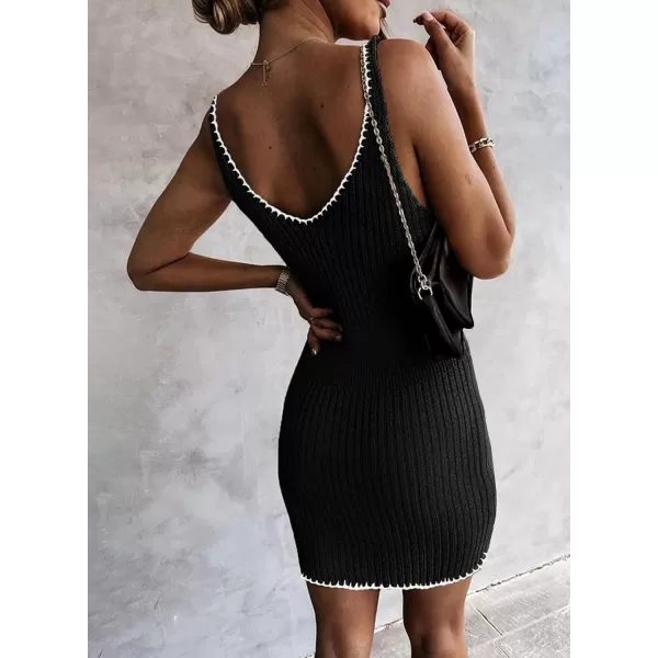Sidefeel Womens 2024 Summer V Neck Sleeveless Sundress Casual Ribbed Knit Tank Dress Sexy Bodycon Mini DressBlack and White