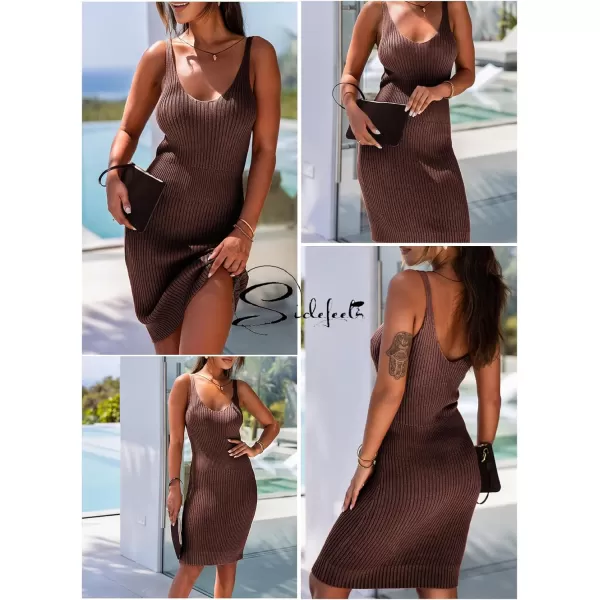 Sidefeel Womens 2024 Summer V Neck Sleeveless Sundress Casual Ribbed Knit Tank Dress Sexy Bodycon Mini DressBrown