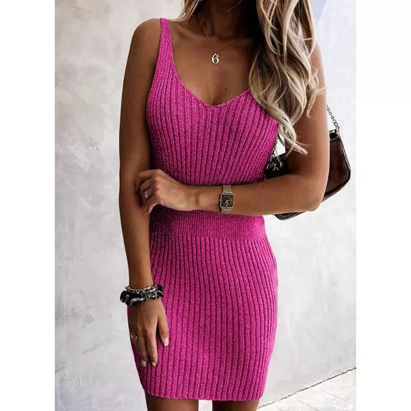 Sidefeel Womens 2024 Summer V Neck Sleeveless Sundress Casual Ribbed Knit Tank Dress Sexy Bodycon Mini DressHot Pink