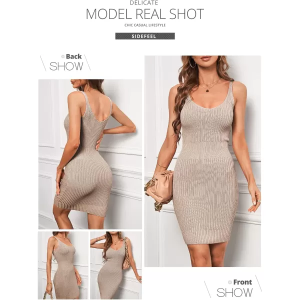 Sidefeel Womens 2024 Summer V Neck Sleeveless Sundress Casual Ribbed Knit Tank Dress Sexy Bodycon Mini DressKhaki