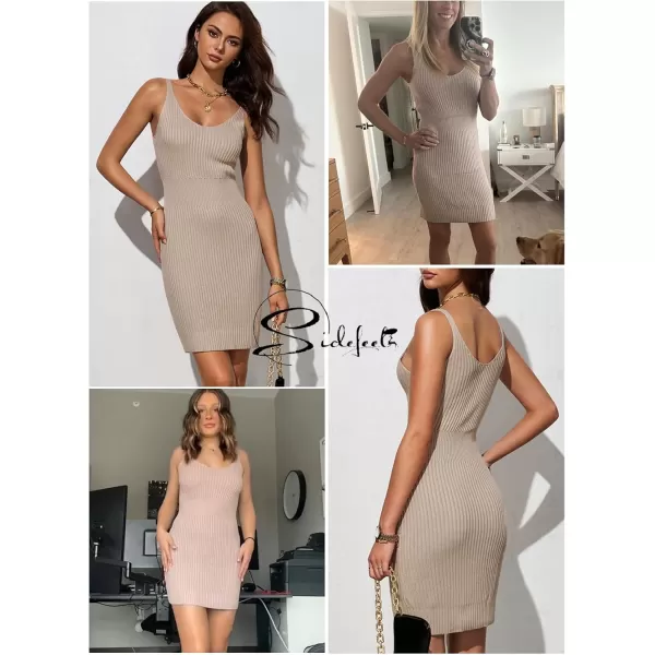 Sidefeel Womens 2024 Summer V Neck Sleeveless Sundress Casual Ribbed Knit Tank Dress Sexy Bodycon Mini DressKhaki