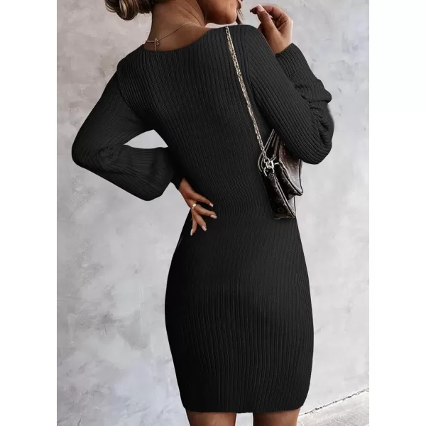 Sidefeel Womens 2024 Winter Ribbed Knit Sweater Dress Casual Long Sleeve Fall Dresses Sexy V Neck Bodycon Mini DressBlack