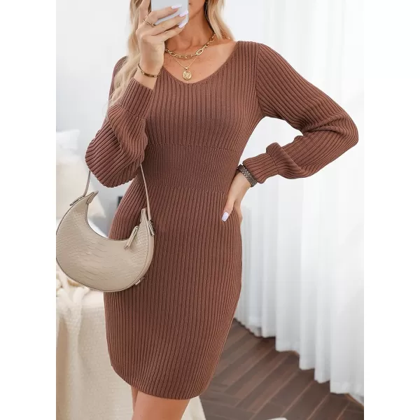 Sidefeel Womens 2024 Winter Ribbed Knit Sweater Dress Casual Long Sleeve Fall Dresses Sexy V Neck Bodycon Mini DressBrown