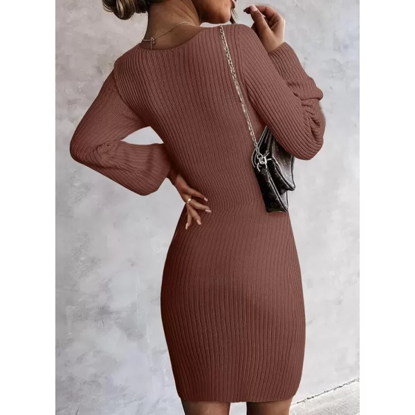 Sidefeel Womens 2024 Winter Ribbed Knit Sweater Dress Casual Long Sleeve Fall Dresses Sexy V Neck Bodycon Mini DressBrown