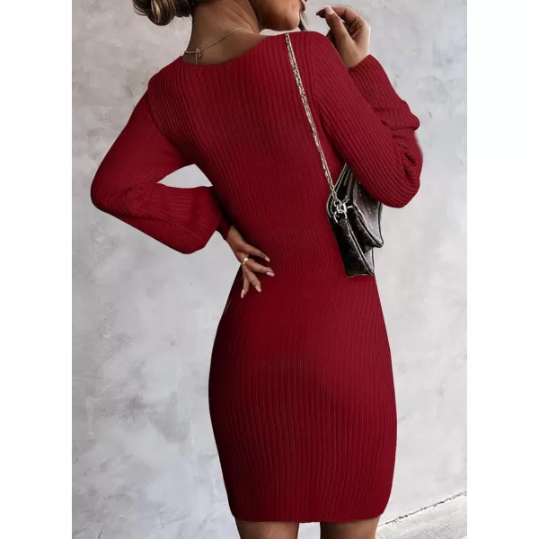 Sidefeel Womens 2024 Winter Ribbed Knit Sweater Dress Casual Long Sleeve Fall Dresses Sexy V Neck Bodycon Mini DressBurgundy