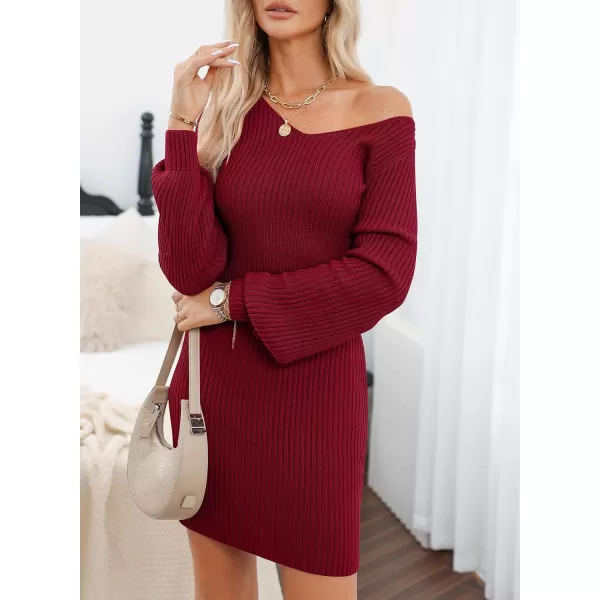 Sidefeel Womens 2024 Winter Ribbed Knit Sweater Dress Casual Long Sleeve Fall Dresses Sexy V Neck Bodycon Mini DressBurgundy