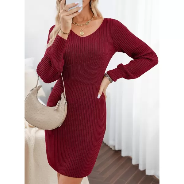 Sidefeel Womens 2024 Winter Ribbed Knit Sweater Dress Casual Long Sleeve Fall Dresses Sexy V Neck Bodycon Mini DressBurgundy