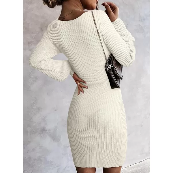Sidefeel Womens 2024 Winter Ribbed Knit Sweater Dress Casual Long Sleeve Fall Dresses Sexy V Neck Bodycon Mini DressCream White