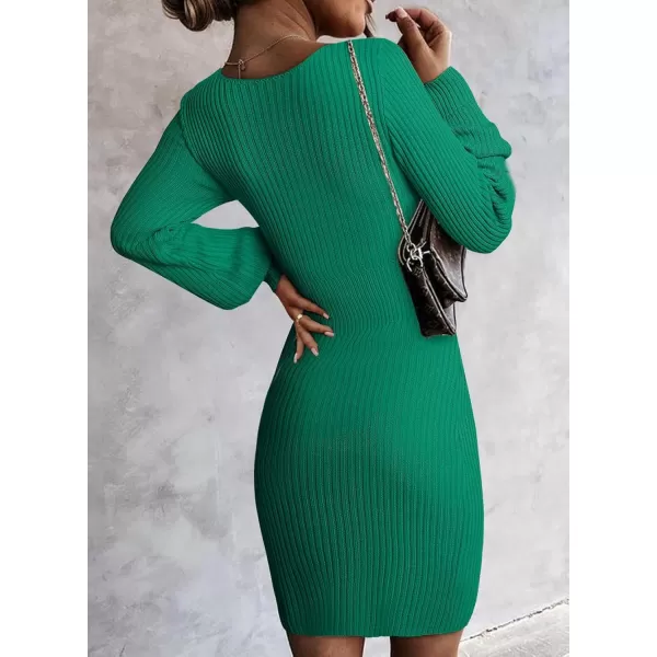 Sidefeel Womens 2024 Winter Ribbed Knit Sweater Dress Casual Long Sleeve Fall Dresses Sexy V Neck Bodycon Mini DressGreen