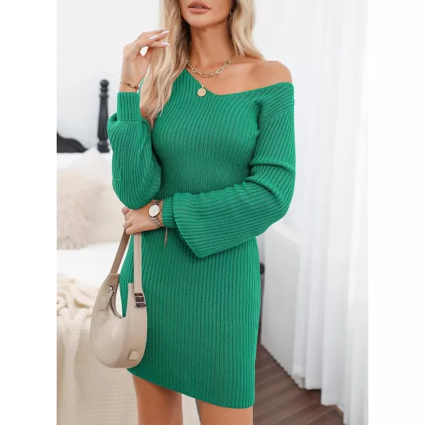 Sidefeel Womens 2024 Winter Ribbed Knit Sweater Dress Casual Long Sleeve Fall Dresses Sexy V Neck Bodycon Mini DressGreen